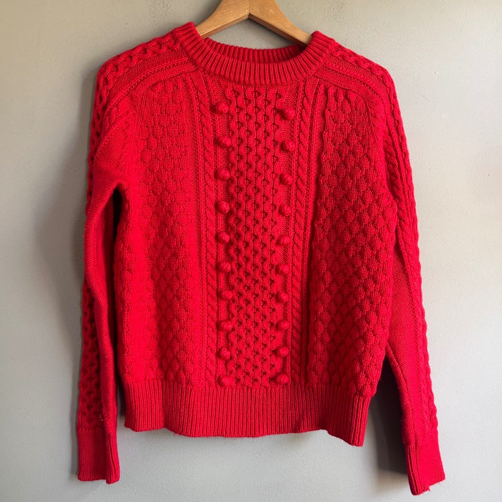 J.Crew Womens Red Cable Knit Bobble Pom Pom Lambswool Blend Sweater Medium